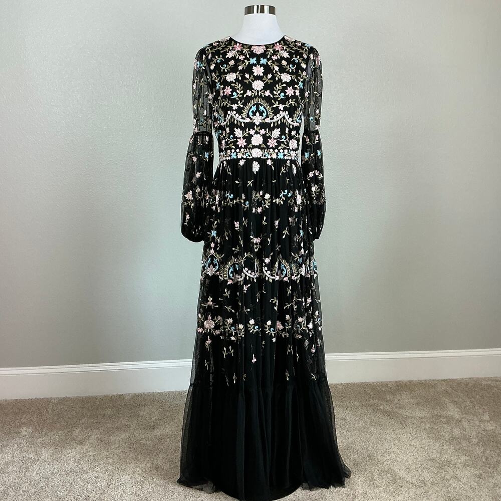 Mac Duggal 35111 Black Evening Gown Floral Embroidered Long Sleeve Dress Size 18 - Picture 2 of 12